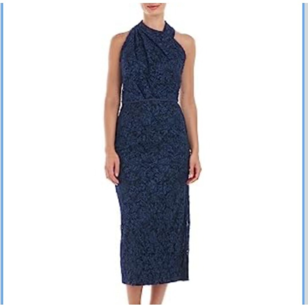 JS Collection Sz 8 Scarlet Wrap Tea Length Dress Navy Embroidered Mesh Soutache